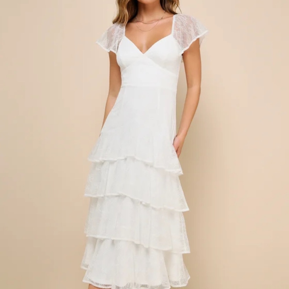 Lulu's White Lace Tiered Midi Dress